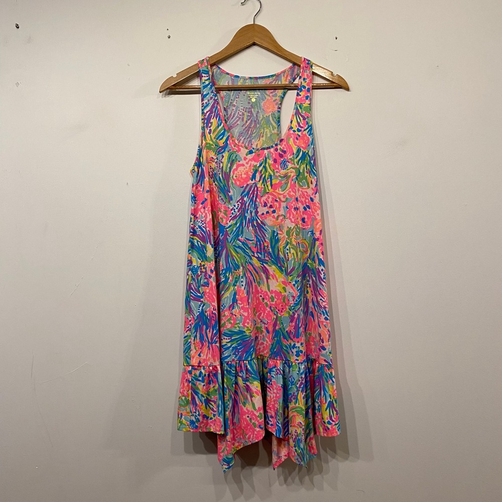 Lilly Pulitzer Pink Blue Floral Pima Cotton Ruffle Hem Racerback Dress Small